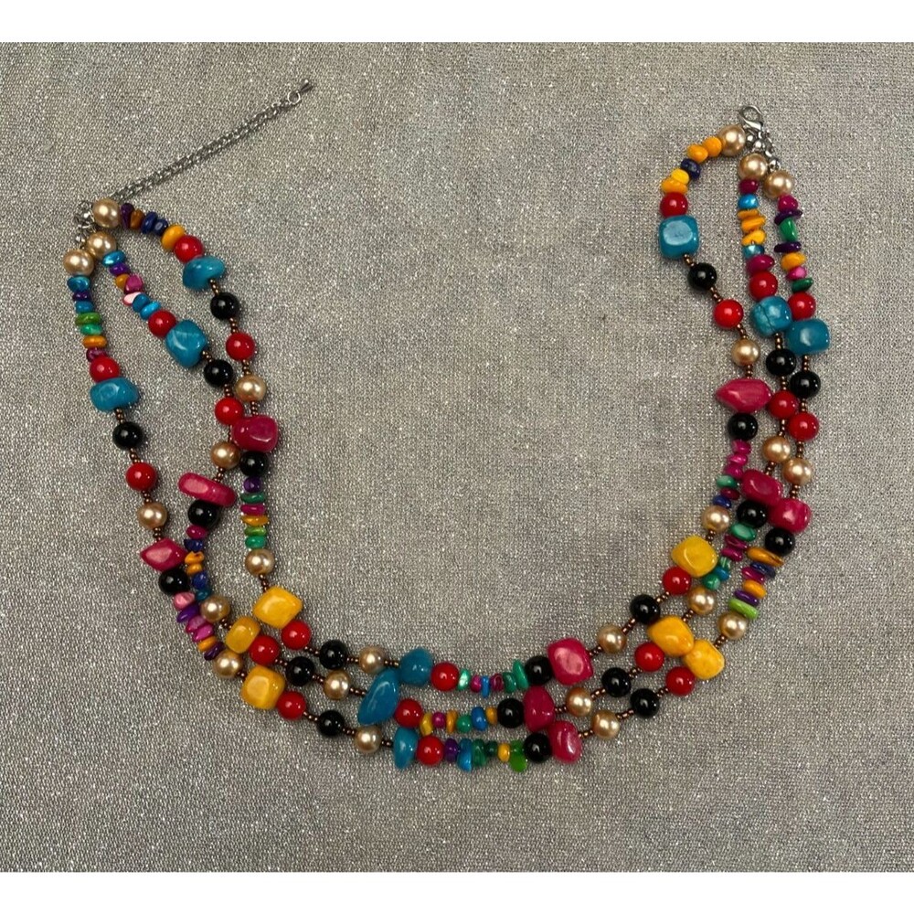 Vintage 00s Beaded Necklace 2000s Retro Y2K Raw Crystal 3 Strand Earthy Boho